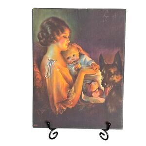 Vintage 1929 Mother, Child & German Shephard Dog Original Print